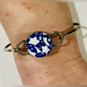 Vintage Sterling Silver Delft-Style Blue Porcelain Bangle Bracelet